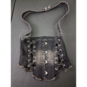 Outcast Denim Crop Top Black Small Halter Festival Biker Moto